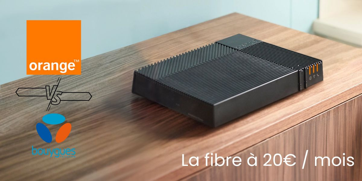 une box fibre à 20€ par mois sur un buffet dans un salon